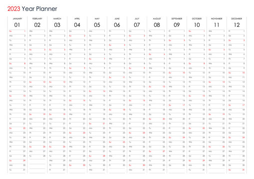 2023 year planner, calendar. Wall organizer, yearly planner template. Vector illustration. Vertical months. One page. Set of 12 months.