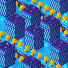 City future smart urban Isometric night lights architecture 3D illustration