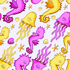 Pink Seahores and Yellow Jellyfish Seamless Summer  Pattern.