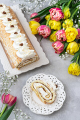 Cake roll with cream and dulce de leche. Gluten-free dessert