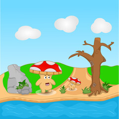 Illustration is a fantasy nature landscape with a cartoon mushroom character. children's books and institutional material