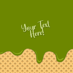 Flowing green pistachio ice cream on background waffle texture with text layout in the center. Poster for cafe, ice cream and menu dessert, food packaging design