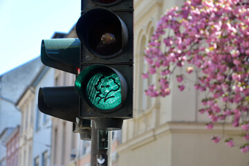 Portrait of Beethoven on green traffic light in his city of birth