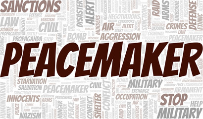 Peacemaker word cloud. Vector made with the text only. - obrazy, fototapety, plakaty