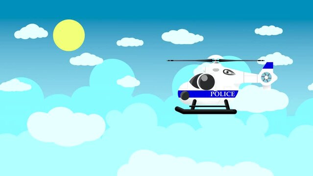 A white police helicopter with a blue stripe flies against a blue sky with clouds and the sun. Abstract looped animation with drawn elements.