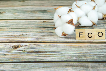 Fototapeta na wymiar Cotton branch and wooden letters on rustic wooden background. Ecology concept