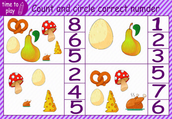 children's educational game, tasks. Count how many objects are in the picture and circle the correct number. food. egg, pear, mushroom, kalach, chicken, cheese.