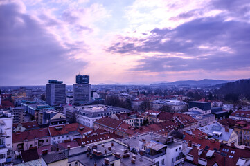Fototapeta na wymiar Landscape aerial view over the the city of Ljubljana during sunset