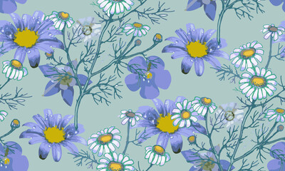 Blue flowers. Seamless border. Suitable for fabric, wrapping paper and the like