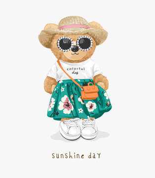 Sunshine Day Slogan With Cute Girly Bear Doll In Colorful Fashion Style Vector Illustration