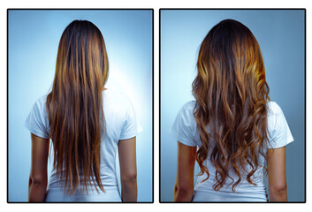 Straight vs curly - The best of both worlds. Before and after studio shot of a young woman with straightened and curly hair. - obrazy, fototapety, plakaty