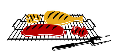 Bbq illustration with grill objects and icons. Stylized kitchen and restaurant items.