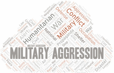 Military Aggression word cloud. Vector made with the text only.