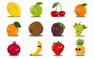 Set of fruits with kawaii eyes. Kiwi, cherry, apple, pineapple, orange, plum, banana, pomegranate,  strawberry, lemon, apricot, grape. Flat design vector illustration of fruits on white background.