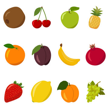 Set of different colors fruits. Kiwi, cherry, apple, pineapple, orange, plum, banana, pomegranate,  strawberry, lemon, apricot, grape. Flat design vector illustration of fruits on white background.