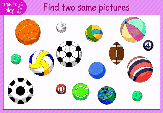 children's educational game, tasks. find two identical objects in the picture. ball, basketball, volleyball, rugby, tennis, football