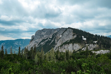 Panoramic view on Buchbergkogel and mountain peaks of Hochschwab Region in Upper Styria, Austria. Cloudy and misty atmosphere in beautiful Alps in Europe. Terrain full of dwarf mountain pine bush