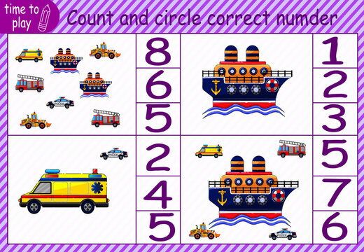 
children's educational game, tasks. Count the number of items in the picture and circle the correct number. cars. tractor. ship. ambulance, fire truck, police car.