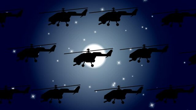 Silhouettes of military helicopters with guns fly at night against the backdrop of a bright moon. Abstract animation with drawn elements with a dark background and a bright planet.