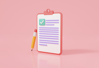 3d Rendering illustration of White clipboard with checklist and pencil drawing ticks checking selection marks on sky blue background. Planning and organization of work. notepad, project plan