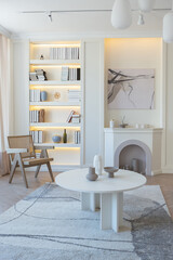 fashionable modern design luxury apartment in light colors. bright day behind huge windows. stylish decoration and no one inside.