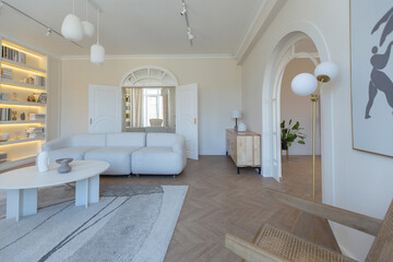 fashionable modern design luxury apartment in light colors. bright day behind huge windows. stylish decoration and no one inside.