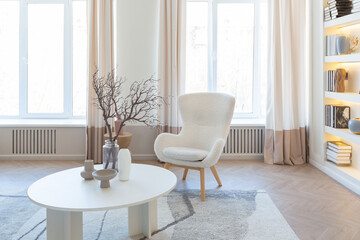 fashionable modern design luxury apartment in light colors. bright day behind huge windows. stylish decoration and no one inside.