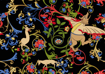 Floral fnd animals vintage seamless pattern. Medieval illuminati manuscript inspiration. Design for wrapping paper, wallpaper, fabrics and fashion clothes. Vector illustration.