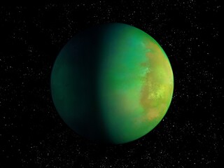 Twin Earth in starry space, amazing green exoplanet, extrasolar planet with an atmosphere.