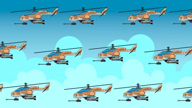 Abstract animation with military helicopters in the blue sky with clouds. Animated background with appliances.