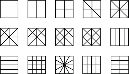 Squares divided in segments from 1 to 12 isolated on white background. Pie or pizza square shapes cut in equal slices in outline style. Simple business char - obrazy, fototapety, plakaty