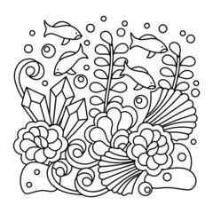 Underwater Marine coloring page. Doodles sea world . Monochrome. Aquariums. Hand drawn illustration