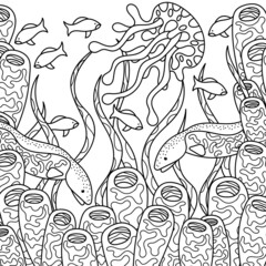 Underwater coloring page. Fishes, animal sponges and deep plants. Hand drawn vector illustration. Sea landscape