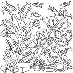 Underwater Coloring page for adult. Sea Fish and algae, hand drawn vector illustration.