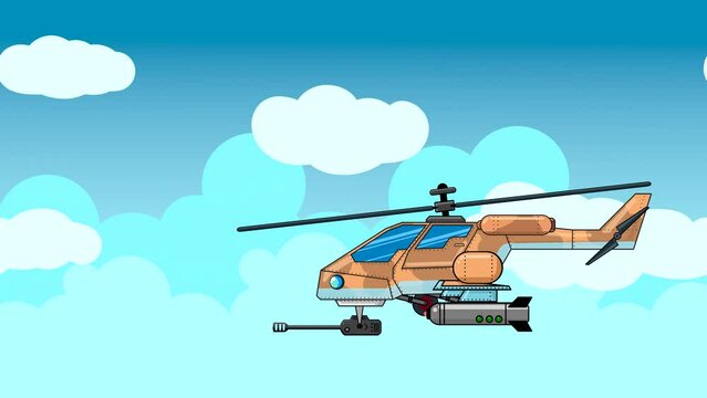 A military helicopter with a gun and a bomb flies against a blue sky with clouds. Looped animation with drawn objects.
