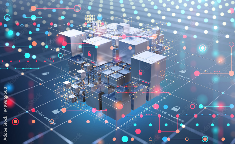 Poster Disco cyber club 3D illustration. Blockchain structure information clusters. Big data cyber security in cloud databases