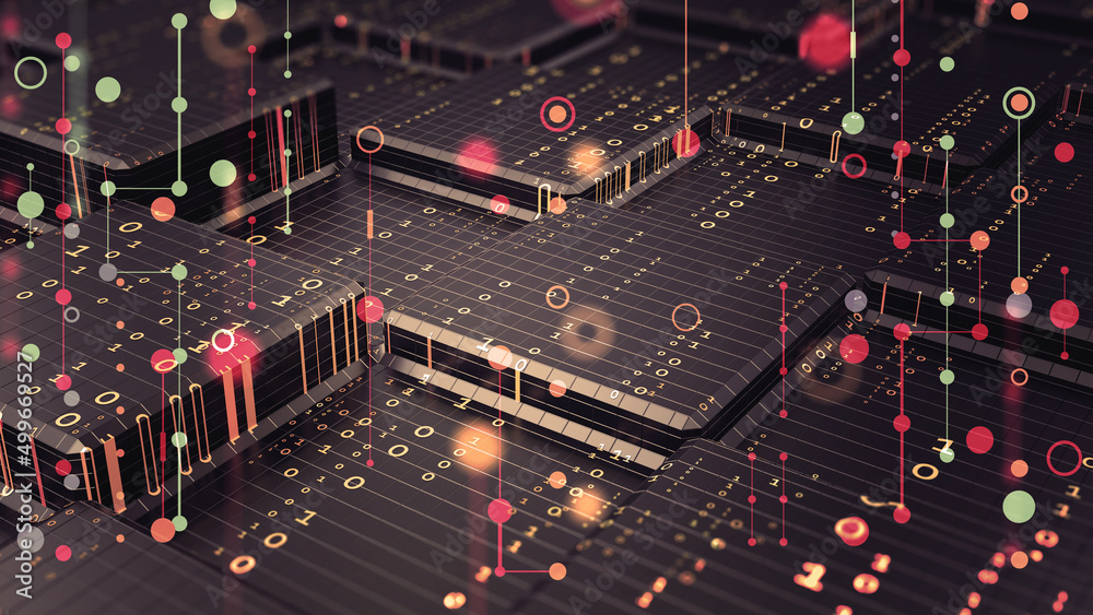 Poster Retro cyber big data panel. Cluster structure analytics. 3D illustration of information blocks of the blockchain network