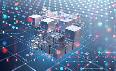 Disco cyber club 3D illustration. Blockchain structure information clusters. Big data cyber security in cloud databases