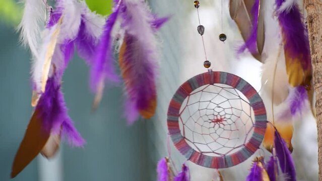 Close up shot of dream catcher on  tree with vibrant tone. Hand made craft. Dreamcatcher feathers flowing in wind. Decoration of home