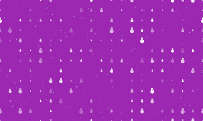 Seamless background pattern of evenly spaced white Christmas snowmans of different sizes and opacity. Vector illustration on purple background with stars