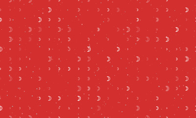 Seamless background pattern of evenly spaced white moon astrological symbols of different sizes and opacity. Vector illustration on red background with stars