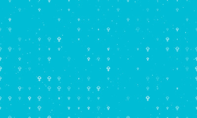 Seamless background pattern of evenly spaced white astrological pluto symbols of different sizes and opacity. Vector illustration on cyan background with stars