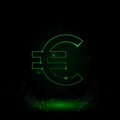 A large green outline euro symbol on the center. Green Neon style. Neon color with shiny stars. Vector illustration on black background