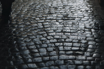 Dark gray paving stones close-up with traces of slush and wet snow. Texture of old stone. Road...