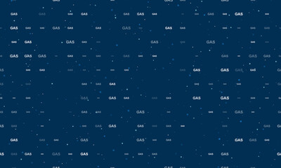 Seamless background pattern of evenly spaced white gas text symbols of different sizes and opacity. Vector illustration on dark blue background with stars