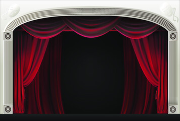 Cinema or theater scene with a red curtain. Theater curtain on dramatic dark background stage. Vector realistic illustration.
