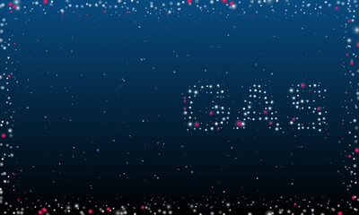 On the right is the gas text symbol filled with white dots. Pointillism style. Abstract futuristic frame of dots and circles. Some dots is pink. Vector illustration on blue background with stars