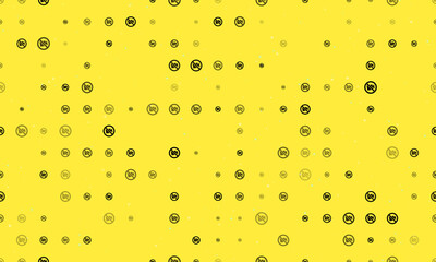 Seamless background pattern of evenly spaced black no video symbols of different sizes and opacity. Vector illustration on yellow background with stars