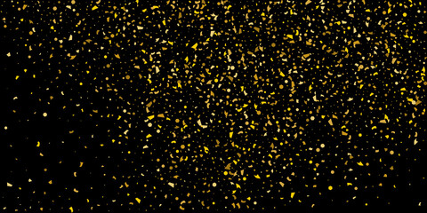 Golden glitter confetti on a black background. Illustration of a drop of shiny particles. Decorative element. Luxury background for your design, cards, invitations, gift, vip.