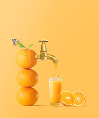 Creative idea-Composition of orange- juice flowing from an orange through a tap- isolated on orange...